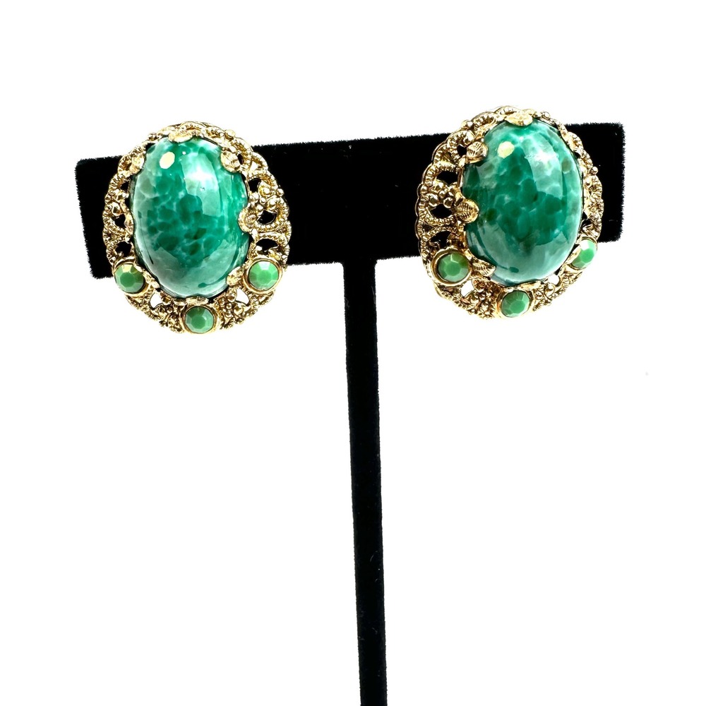 Vintage W Germany Green Faux Malachite Gold Tone Filigree Clip On Earrings Oval